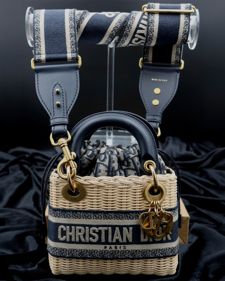 Dior Bag Wicker Oblique Blue 9.5 x 7.75 x 4.75IN Canvas & Wicker Gold-Tone Hardware Leather Strap (Bag)