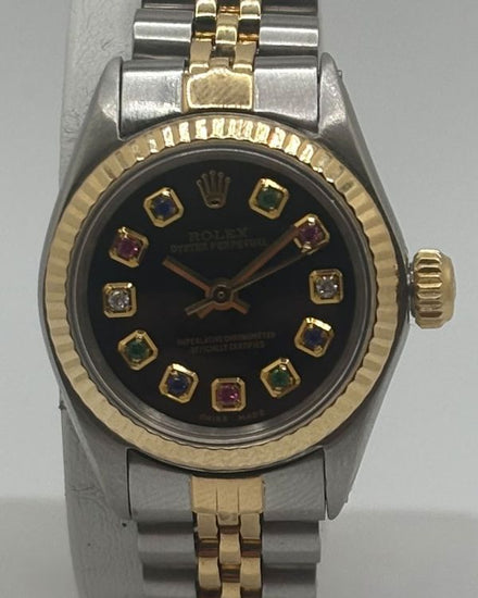 No Reserve - Rolex Oyster Perpetual 25MM Aftermarket Black Dial Two-Tone Jubilee Bracelet (6618)
