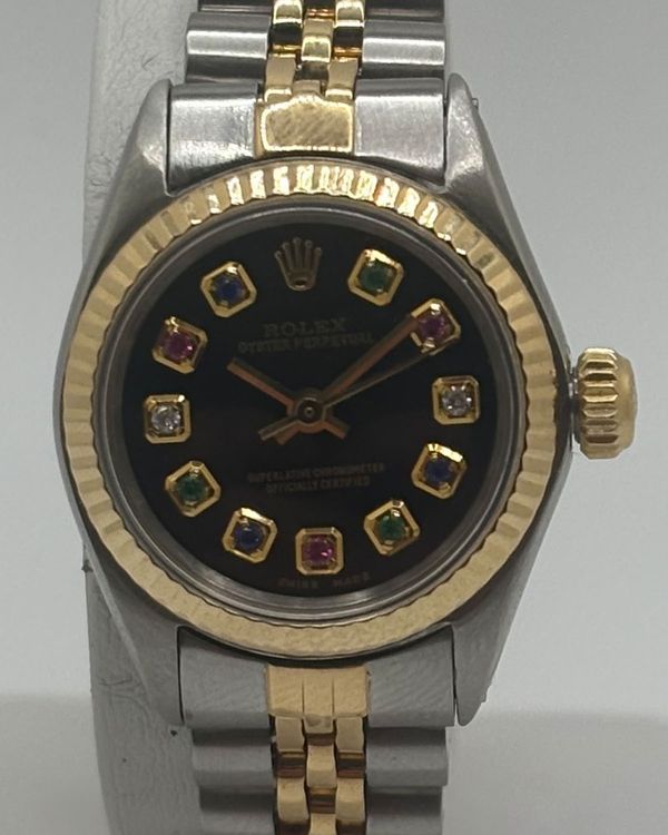 No Reserve - Rolex Oyster Perpetual 25MM Aftermarket Black Dial Two-Tone Jubilee Bracelet (6618)