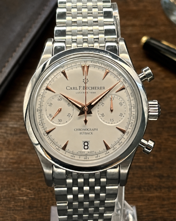 No Reserve -  Carl F. Bucherer Manero Flyback 40MM White Dial Steel Bracelet (00.10927.08.13.21)