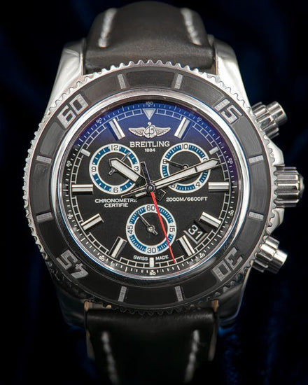 2012 Breitling Superocean Chronograph M2000 46MM Quartz Black Dial Leather Strap (A73310A8)