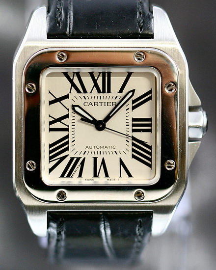No Reserve - 2017 Cartier Santos 100 35.6MM White Dial Leather Strap (W20106X8)