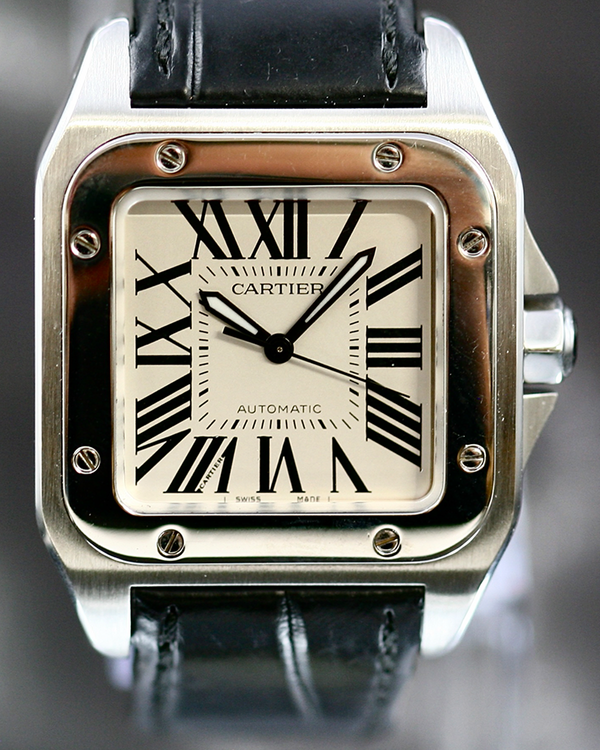No Reserve - 2017 Cartier Santos 100 35.6MM White Dial Leather Strap (W20106X8)