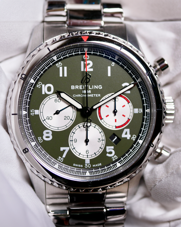 2023 Breitling Aviator 8 B01 Chronograph "Curtiss Warhawk" 43MM Green Dial Steel Bracelet (AB01192A1L1A1)