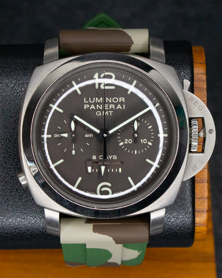 Panerai Luminor 1950 8 Days Chrono Monopulsante GMT 44MM Brown Dial Aftermarket Rubber "Camo" Strap (PAM00311)
