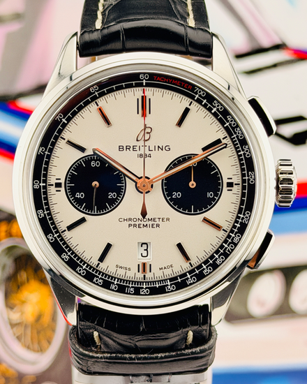 2024 Breitling Premier Chronograph "Panda" 42MM Silver Dial Leather Strap (AB0118221G1P1)