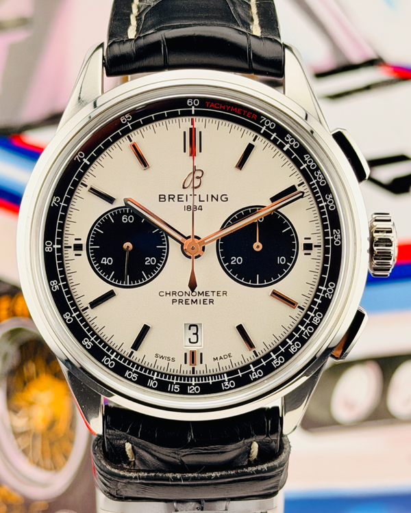 2024 Breitling Premier Chronograph "Panda" 42MM Silver Dial Leather Strap (AB0118221G1P1)