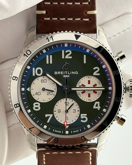 2026 Breitling Classic Aviator 8 Chronograph P-51 Mustang 42MM Green Dial Leather Strap (A23380)