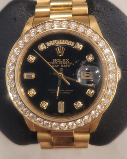 1982 Rolex Day-Date 36MM Black Dial Yellow Gold President Bracelet (18038)