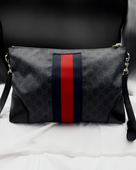No Reserve - Gucci Bag Supreme Web Crossbody Bag Medium Grey Canvas Silver-Tone Hardware Leather Strap (Bag)