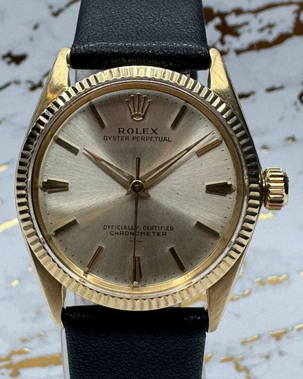No Reserve - 1963 Rolex Oyster Perpetual 14K 31MM Champagne Dial Aftermarket Leather Strap (6551)