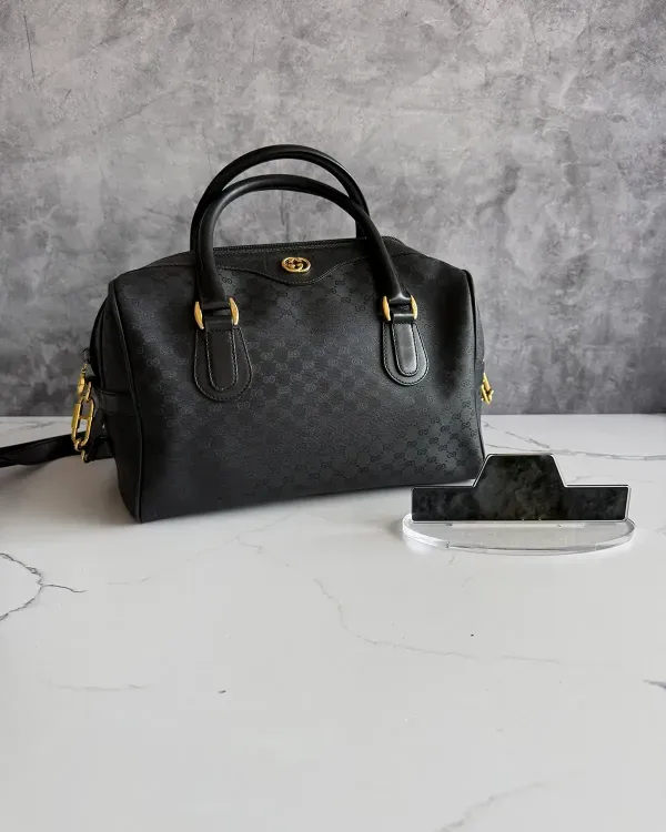 No Reserve - Gucci Micro GG Monogram Boston Bag Monogram Coated Canvas Gold-Tone Hardware Leather Strap (Micro GG)