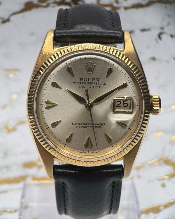 Rolex Datejust 18K 36MM Aftermarket Silver Dial Aftermarket Leather Strap (6605)