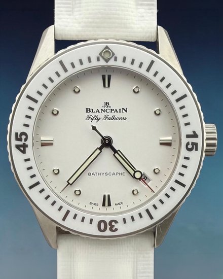 No Reserve - 2021 Blancpain Fifty Fathoms Bathyscaphe 38MM White Dial Leather Strap (5100-1127-W52A)