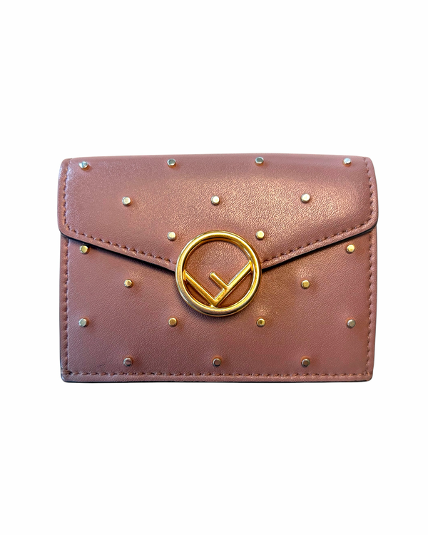 No Reserve - 2018 Fendi Small Tri-Fold Wallet Dusty Pink Calfskin Leather Gold-Tone Hardware (Studded Trifold Wallet)