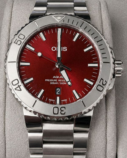 2024 Oris Aquis Date Relief 43.5MM Red Dial Steel Bracelet (01 733 7730 4158)
