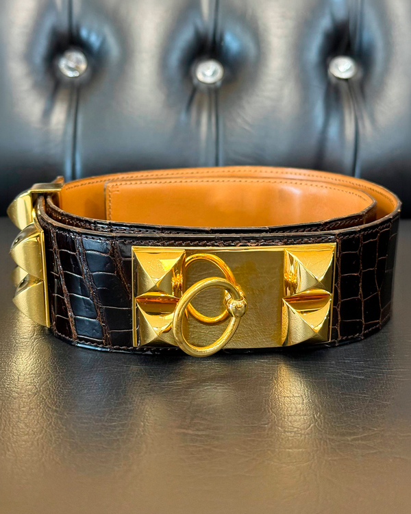 Hermès Medor Collier de Chien Belt 35.5 x 2IN Brown Crocodile Leather Gold-Tone Hardware (Belt)