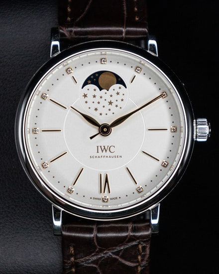 No Reserve - 2021 IWC Schaffhausen Portofino "Moon Phase" 37MM Silver Dial Leather Strap (IW459011)