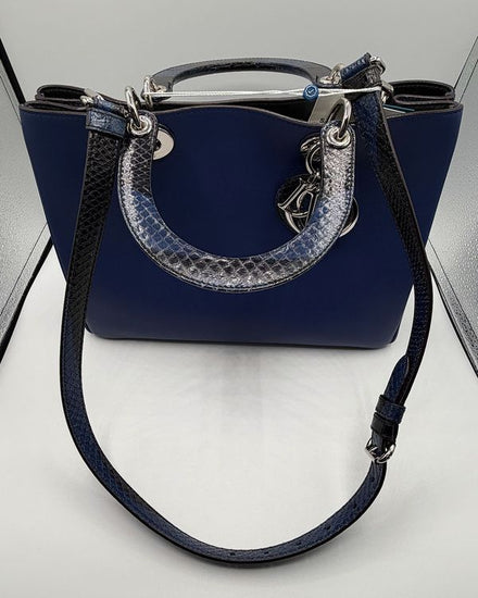 Christian Dior Diorissimo Handbag Medium Python Leather Silver-Tone Hardware Leather Strap (Blue)