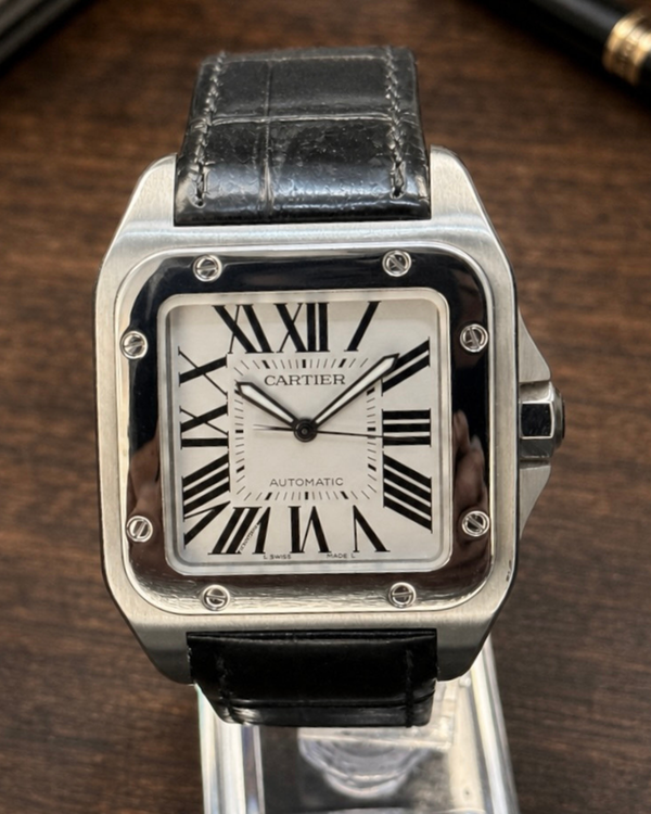 No Reserve - 2010 Cartier Santos 100 De Cartier 38MM White Dial Leather Strap (2656)