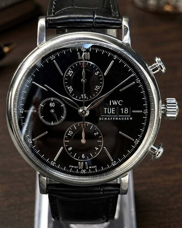 No Reserve - 2015 IWC Schaffhausen Portofino Chronograph 42MM Black Dial Leather Strap (IW391008)