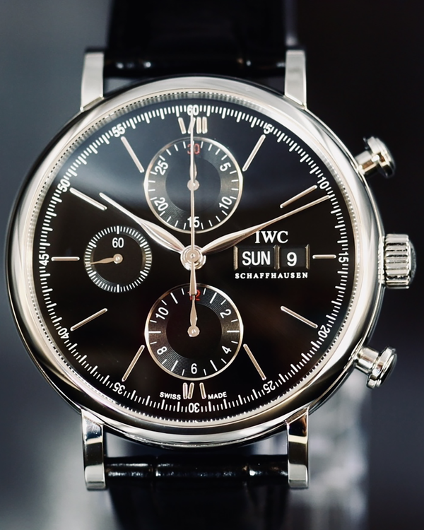 No Reserve - 2019 IWC Schaffhausen Portofino Chronograph 42MM Black Dial Leather Strap (IW391029)