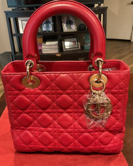 2013 Christian Dior Lady Dior Medium Handbag Red Cannage Calfskin Gold-Tone Hardware Leather Strap (CAL 44550)