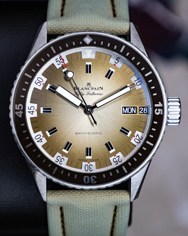 No Reserve - 2023 Blancpain Fifty Fathoms Bathyscaphe Day Date "Desert Edition" L. E. 43MM Brown Dial Textile Strap (5052-1146-E52A)