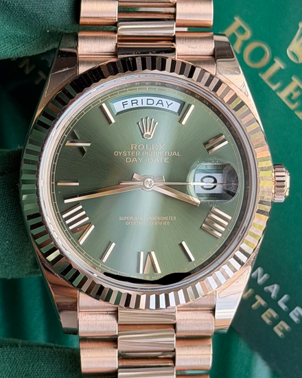 2022 Rolex Day-Date 40MM Olive Green Dial Rose Gold President Bracelet (228235)