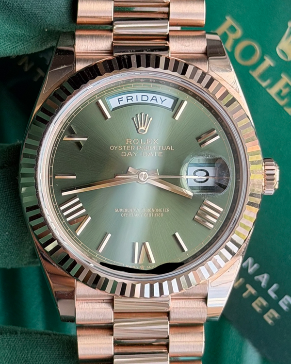 2022 Rolex Day-Date 40MM Olive Green Dial Rose Gold President Bracelet (228235)