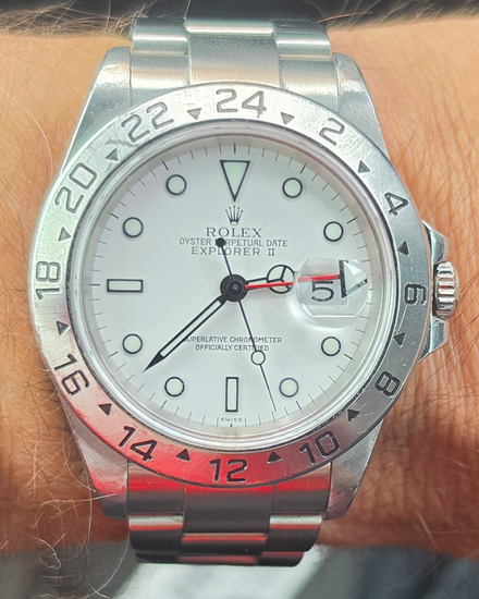 1999 Rolex Explorer II "Polar White Swiss Only Dial" 40MM White Dial Oyster Bracelet (16570)