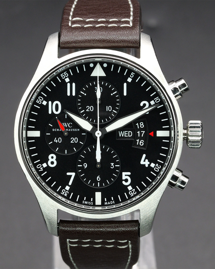 2018 IWC Schaffhausen Pilot Chronograph 43MM Black Dial Leather Strap (IW377701)