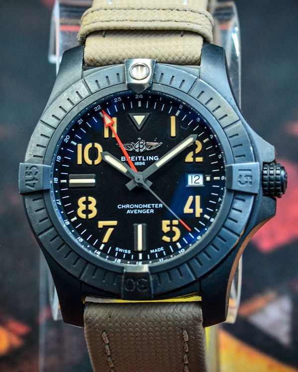 No Reserve - 2023 Breitling Avenger GMT Night Mission 45MM Black Dial Leather Strap (V32395101B1X1)