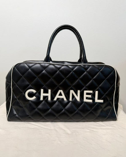 Chanel Bag Logo Duffle Bag Vintage Black and White Quilted Calfskin Letter Logo Large Bowler Duffle Bag Gold Hardware (Bag)