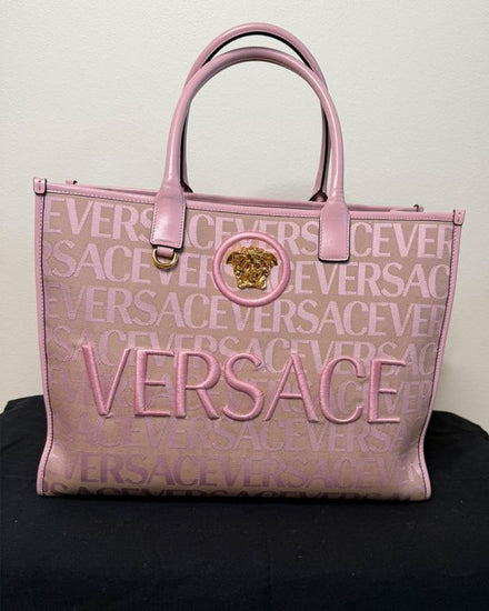 Versace Bag Tote Pink Textile Gold-Tone Hardware Leather Strap (Versace Allover)