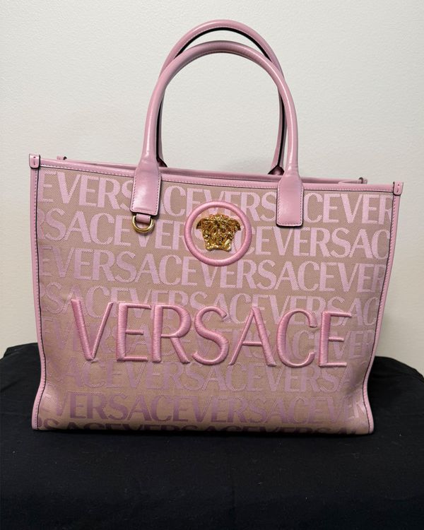 Versace Bag Tote Pink Textile Gold-Tone Hardware Leather Strap (Versace Allover)