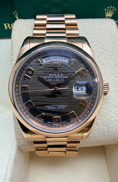 2008 Rolex Day-Date 36MM Chocolate "Wave" Dial Rose Gold President Bracelet (118205F)