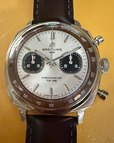 2026 Breitling Top Time B01 Chronograph 41 Tribute to Aston Martin DB5 41MM Silver Dial Leather Strap (Ab0178)