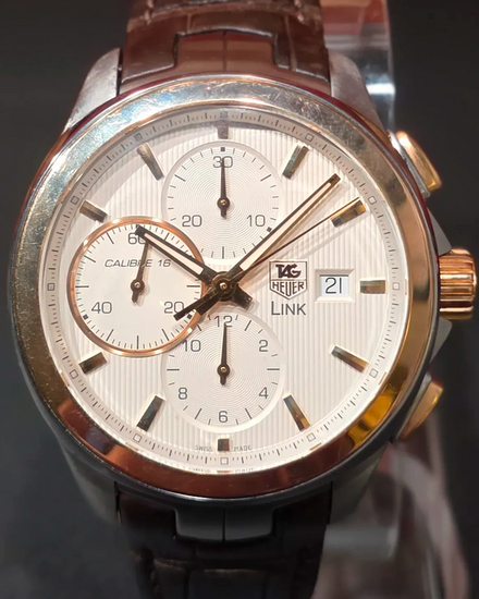 No Reserve - Tag Heuer Link Calibre 16 Chronograph 43MM Silver Dial Leather Strap (CAT2050.FC6322)