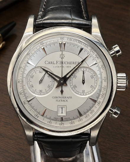 No Reserve - Carl F. Bucherer Manero Flyback Chronograph 43MM Silver Dial Leather Strap (00.10919.08.13.01)