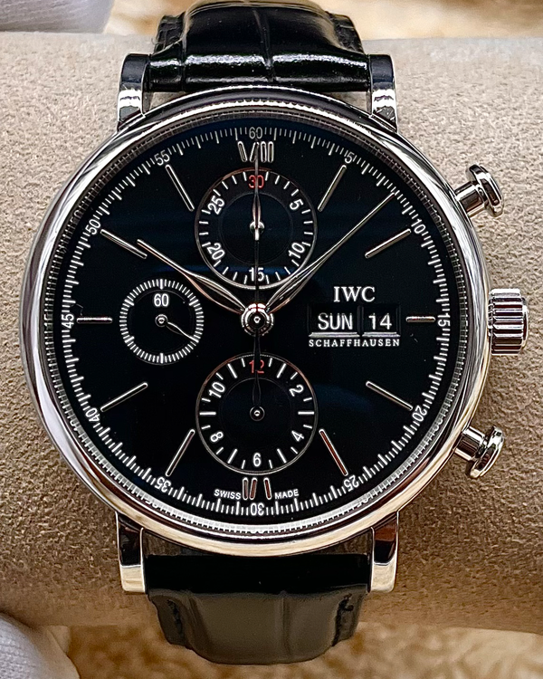 No Reserve - 2018 IWC Schaffhausen Portofino Chronograph 42MM Black Dial Leather Strap (IW391008)
