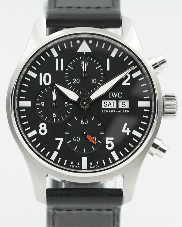 IWC Schaffhausen Pilot Chronograph 43MM Black Dial Leather Strap (IW378001)