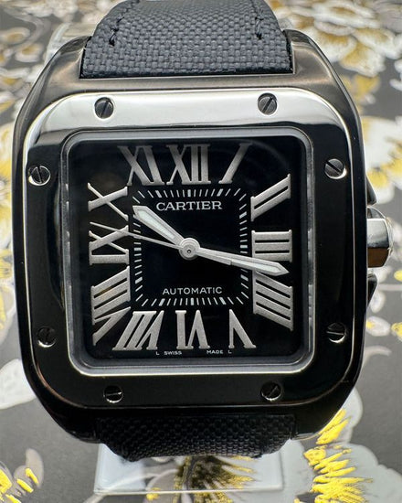 2018 Cartier Santos 100 Medium 35.6MM Black Dial Textile Strap (W2020008)