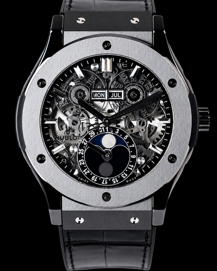 2019 Hublot Classic Fusion Aerofusion Moonphase "Black Magic" 45MM Skeleton Dial Leather Strap (517.CX.0170.LR)