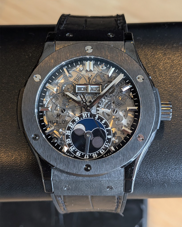 2019 Hublot Classic Fusion Aerofusion Moonphase "Black Magic" 45MM Skeleton Dial Leather Strap (517.CX.0170.LR)
