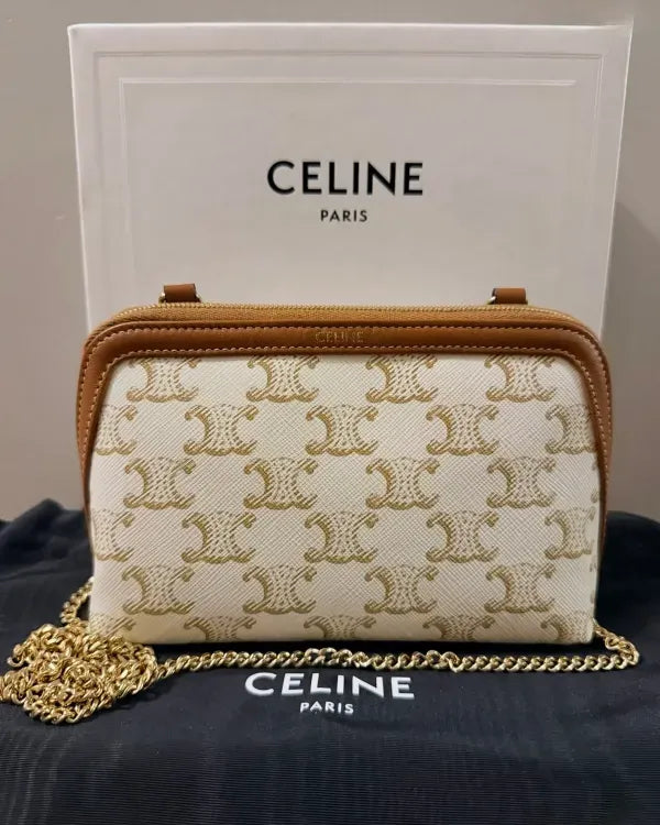 Celine Drummed Triomphe Clutch Bag Small White Canvas Gold-Tone Hardware Chain Strap (Clutch)