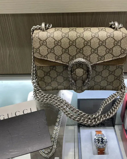 Gucci Bag Mini Dionysus Shoulder GG Supreme Canvas Palladium-Tone Hardware Chain Strap (GG Supreme)