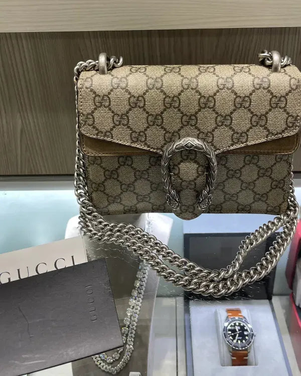 Gucci Mini Dionysus Shoulder Bag GG Supreme Canvas Palladium-Tone Hardware Chain Strap (GG Supreme)