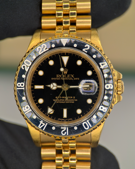 1992 Rolex GMT-Master II 40MM Black Dial Yellow Gold Jubilee Bracelet (16718)