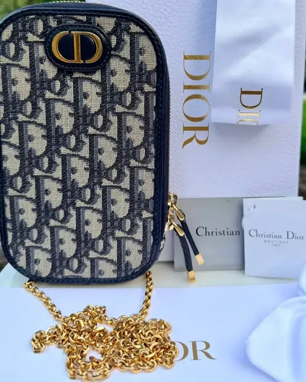 Dior 30 Montaigne Call'in Phone Holder 4.25 x 7 x 1IN Blue Leather Crossbody Gold-Tone Hardware